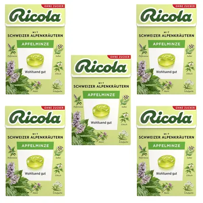 Image de Ricola Menthe à la pomme sans sucre en Böxli doux frais 50g paquet de 5