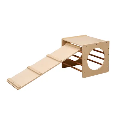 A wooden climbing cube with a ramp, presented on a white background.