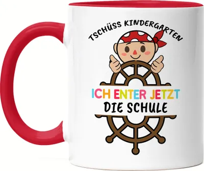 Produktbild von Tschüss Kindergarten Ich Entere Die Schule Tasse Rot Einschulungsgeschenk Piraten-Fans Piraten-Boot
