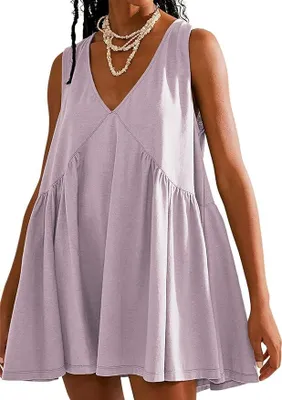 Produktbild von Ärmelloses Sommer-Minikleid für Damen, lässig, lockeres Sommerkleid mit V-Ausschnitt und Taschen