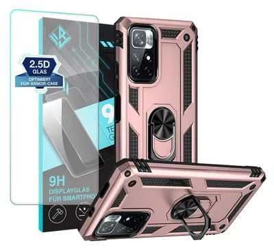 A rose gold phone case and screen protector are displayed against a light blue and white background.