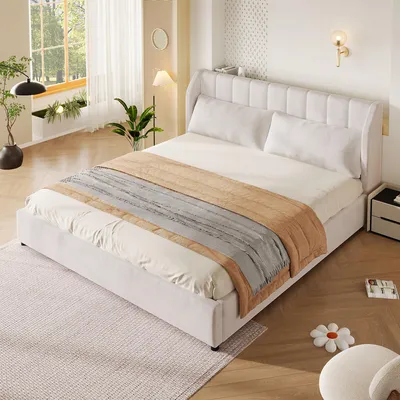 Immagine prodotto di Letto imbottito matrimoniale MODFU, 180x200 cm, con rivestimento in velluto, struttura a piattaforma, rete a doghe e testiera imbottita. Divano letto, senza materasso, colore beige