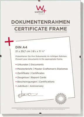 A product information sheet for a certificate frame, showing the brand logo, product name, and details about its size and intended use.