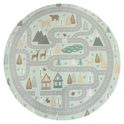 Produktbild von TT Home Teppich Kinderzimmer Kinderteppich Babymatte Straßen Motiv Tiere Wald Haus Junge Größe 120 cm Rund