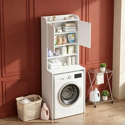Produktbild von Waschmaschinenschrank, Waschmaschinenregal mit 2 Türen | Wäscheschrank, Hochschrank für Waschmaschine, Verstellbare Regale, Überbauschrank