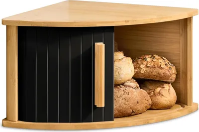 Produktbild von Praknu Brotkasten Ecke Holz mit Schiebetür – Platzsparende Brotbox – Hält Brot länger frisch - Einfacher Aufbau mit Anleitung
