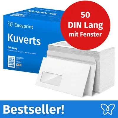 Produktbild von Easyprint Briefumschläge mit Fenster, DIN Lang, unbedruckt, 50 Stück