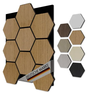 Zdjęcie produktu dla Panele ścienne akustyczne AKUSTIKO 3D, sześciokątne, filcowe, MDF, imitujące strukturę drewna
