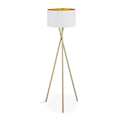Zdjęcie produktu dla Lampa stojąca Relaxdays na trzech nogach, lampa typu tripod z abażurem z tkaniny, wys. x śred. 148,5 x 53,5 cm, oprawka E27, len i metal, złoto/biały