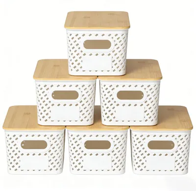 Aufbewahrungsboxen mit Bambusdeckel, 6er-Set, stapelbar, weiß