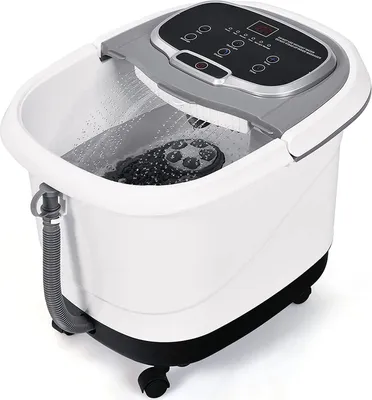 Produktbild von Elektrische Fußwanne, Fußmassagegerät mit rotem Licht, Massage-, Dusche- und Heizfunktionen, Temperatur & Zeit einstellbar, tragbares Fußbecken mit 4 Rädern (Grau)