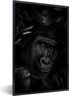 Produktbild von MuchoWow® Gerahmtes Poster Botanischer Affe auf dunklem Hintergrund - schwarz und weiß 20x30 cm - Poster mit Schwarzem Bilderrahmen Wandposter Rahmen Foto Bilder - Drucken - Bilder Poster im Rahmen