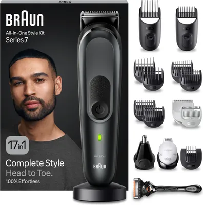 Produktbild von Braun All-In-One Bartpflege Bodygroomer Set, 17-in-1 Barttrimmer / Bartschneider, Nasenhaartrimmer, Trimmer/Haarschneider Herren, Haarschneidemaschine, 100 Min. kabellose Laufzeit, MGK7491