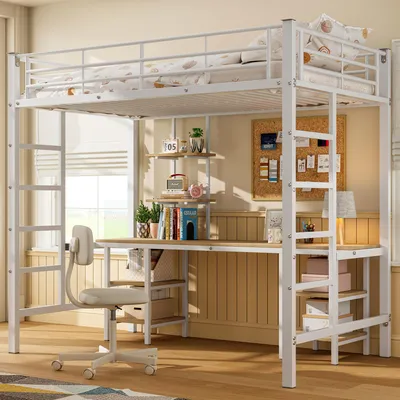 A loft bed with a desk and shelves, set up in a room.