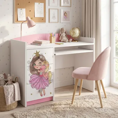 Produktbild von Schreibtisch Rosa für Kinder mit Motiv, Jugendschreibtisch Schülerschreibtisch mit viel Stauraum, PC-Tisch Lerntisch für Mädchen, KI-generiertes Bild