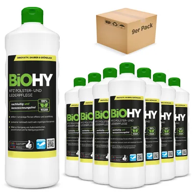Produktbild von BiOHY KFZ Polster- & Lederpflege, Polsterreiniger Auto, Autositz Reiniger, Innenraumpflege – 9er Pack (9 x 1 Liter Flasche)