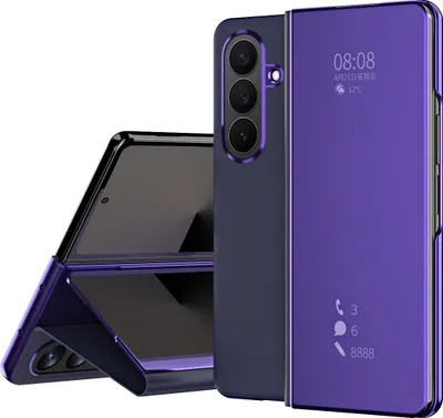 Obrázek produktu pro Pouzdro na Samsung Galaxy Z Fold 7 průhledný zrcadlový kryt, stojánek zPolyuretankůže Fialová