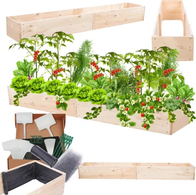 Produktbild von MODO24 Hochbeet Holz, Pflanzkasten, Massivholz, Kiefer, Kräuterbeet, Blumenkasten, Garten, Terrasse, 18x163x30 cm, Natur, ZP06