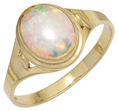 Image de Bague pour femme, en or jaune 333, avec un opale ovale. Bague en or, bague pour doigt, circonférence intérieure de 60 mm (environ 19,1 mm de diamètre)