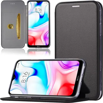 A black flip case for a smartphone is shown, with the phone inside and displayed in multiple views.