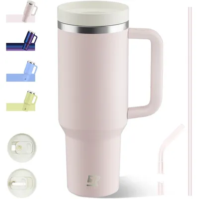 Produktbild von Thermobecher mit Strohhalm und Griff 1.2L, Vakuum-isoliert, BPA-frei, Weiß-rosa