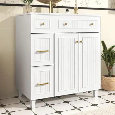 Image de OKWISH Meuble Vasque avec Lavabo en Céramique et Rangement - MDF Laqué et Pieds en Bois Massif - 81,7x46,8x90 cm - Blanc