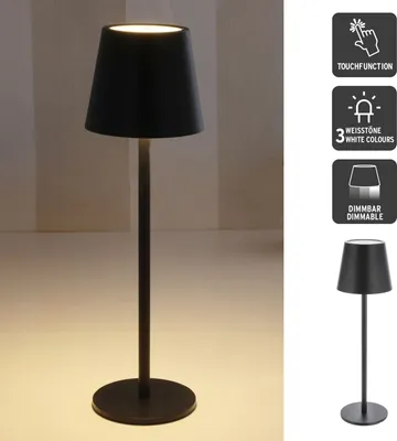 Produktbild von XL Metall Akku Tischleuchte Schwarz mit Touchfunktion 3 Weisstöne Dimmbar Nachttischlampe Schreibtischlampe