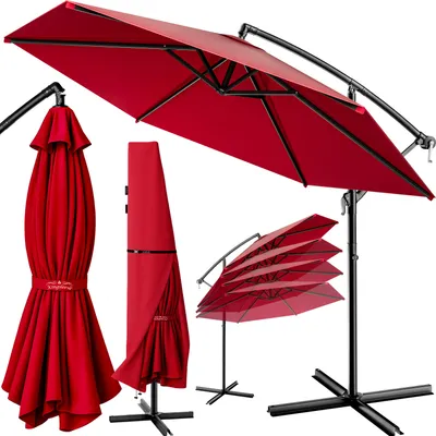 Produktbild von KINGSLEEVE® Sonnenschirm UV Schutz 80+ Ø 300 cm Groß mit Ständer Schutzhülle Windsicherung Windfest Neigbar Rund Kurbel Garten Balkon Ampelschirm Rot
