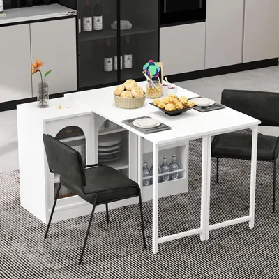 Zdjęcie produktu dla Merax stół do jadalni stół barowy obrotowy 360°, rozkładany, odwracalny stół do jadalni kredens ze szklanymi drzwiami, półka do przechowywania, stół kuchenny, biały