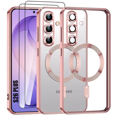 Image de Coque + 2 Verres Trempés pour Samsung Galaxy S26 Plus, Protection avec Cercle Magnétique Rose Effet Brillant