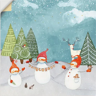 Produktbild von ARTland Wandbild, selbstklebend Schneemänner und Tierfreunde Größe: 50x50 cm