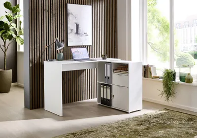 Produktbild von BMG Möbel Eckschreibtisch Leni, Homeoffice Schreibtisch abschließbar, mit Kommode in Weiß