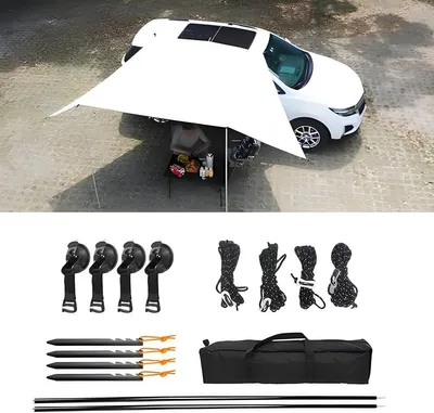 Produktbild von PolkaHome® Camping-Autosonnensegel, 3 x 2 x 2 m, Vorzelt mit 2 Alustangen, UPF 50+, 5000 mm Wassersäule, Schwarz