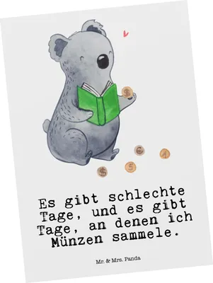 Produktbild von Mr. & Mrs. Panda Postkarte Koala Münzen sammeln - Weiß - Geschenk, Ansichtskarten, Postkarten, aus Aller Welt, Ansichtskarte, Grußkarte, Fotokarte, Numismatik