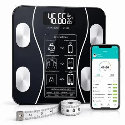 Produktbild von Digitale Personenwaage bis 180 kg mit App – Smart Körperwaage Fitnesswaage Körperanalysewaage mit Bluetooth & Körperwerten