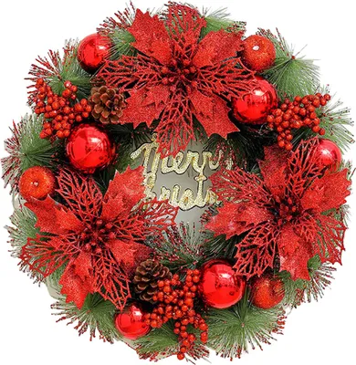 Produktbild von Weihnachtskranz für die Haustür, künstlicher Tannennadelkranz mit Kugeln, Schleifen, Blumen, „Frohe Weihnachten“, hängende Dekoration für Zuhause, Wand, Fenster, Veranda, Innen- und Außendekoration