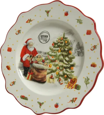 Produktbild von Weihnachtsteller mit Weihnachtsmann Motiv Keramik 26cm weiß / rot