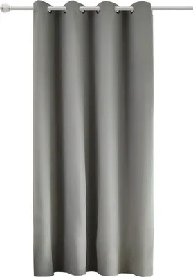 A single dark gray curtain hanging from a rod.