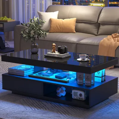 Immagine prodotto di Tavolino Abrihome Tavolino 95x50x42,5 cm con 2 cassetti e 3 vani a giorno, luci LED, nero