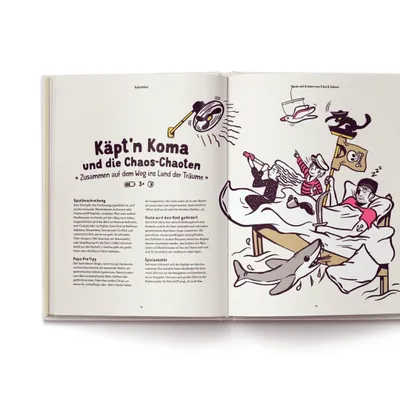 An open book with illustrations and text, depicting a scene of children in bed with a pirate theme.