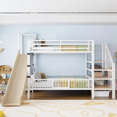 Image de Lit superposé Flieks 90 x 200 cm avec barrière de sécurité et porte, lit enfant avec toboggan, lit mezzanine enfant avec escalier et espace de rangement, lit simple en métal blanc