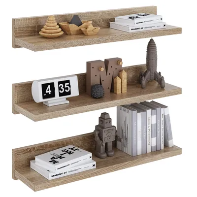 Three wooden shelves mounted on a white background, each displaying various decorative items and books.