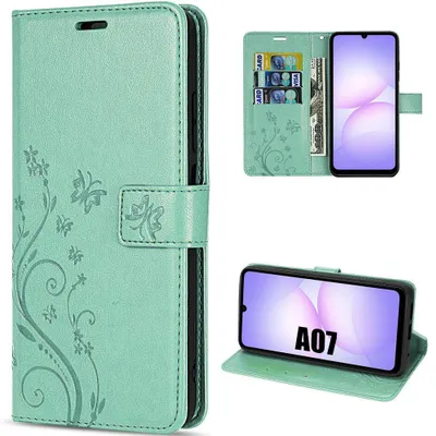 Image de Coque pour Samsung Galaxy A07, Flip Case Cuir Synthétique Antichoc Anti-Rayures Motif Plante Papillon Vert