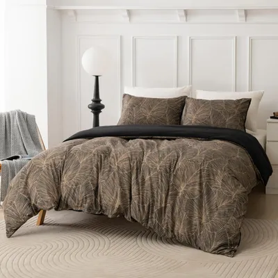 Produktbild von Bettwäsche-Set 200x220 cm 3-teilig Mikrofaser Blätter Taupe Blätter-braun