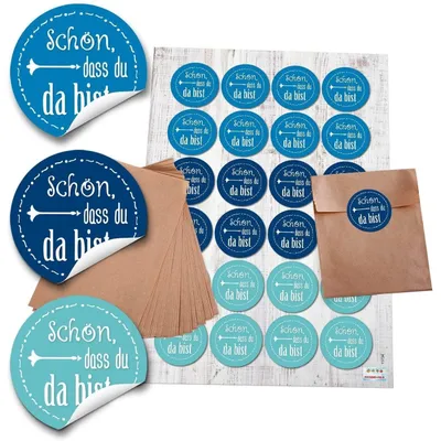 Produktbild von 24 kleine braune MINI Papier-Tüten Geschenkbeutel (6,3 x 9,3 cm) und 24 runde Aufkleber 4 cm SCHÖN DASS DU DA BIST in 3 Rosa Pink Rose FarbenRosa / 10,5 x 15 cm