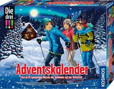 Three children on skis in a snowy forest at night with a cabin and aurora borealis in the background.