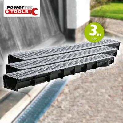 Produktbild von Powertec Tools Entwässerungsrinnen 3er-Set LxBxH ca. 100x12x8,5 cm