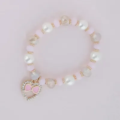Produktbild von Kinder Perlenarmband Herz mit Strauss-Anhänger und rosa Schleife