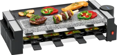 Produktbild von Clatronic Raclette Grill mit heißem Stein RG 3678 schwarz / Wendegussplatte / Partyspaß / Festtage / inkl. Pfännchen und Holzspachtel
