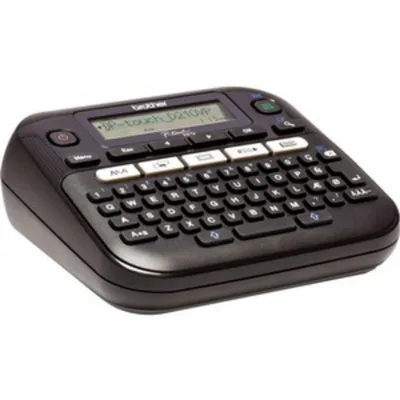 A black Brother PT-D210VP label maker is shown from a diagonal front-facing angle against a white background.